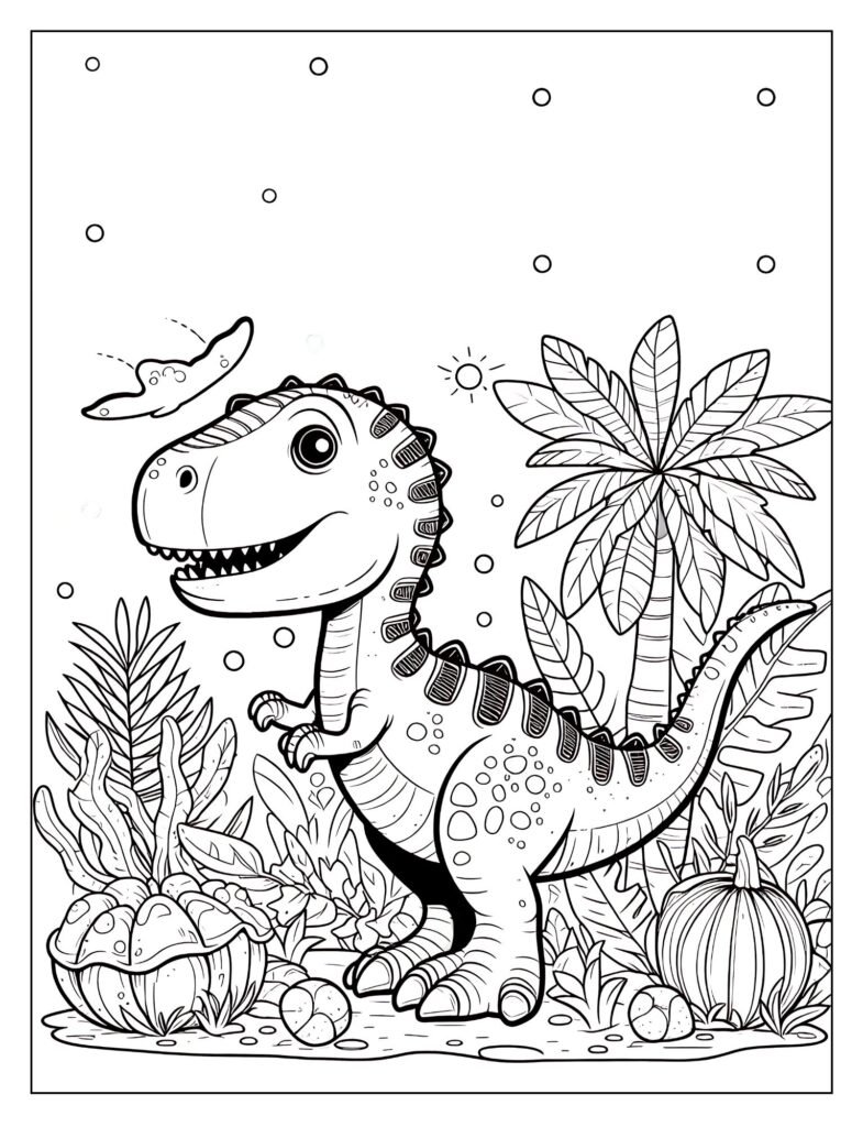 Dinosaurs playing a game of hide-and-seek in a lush prehistoric setting.
