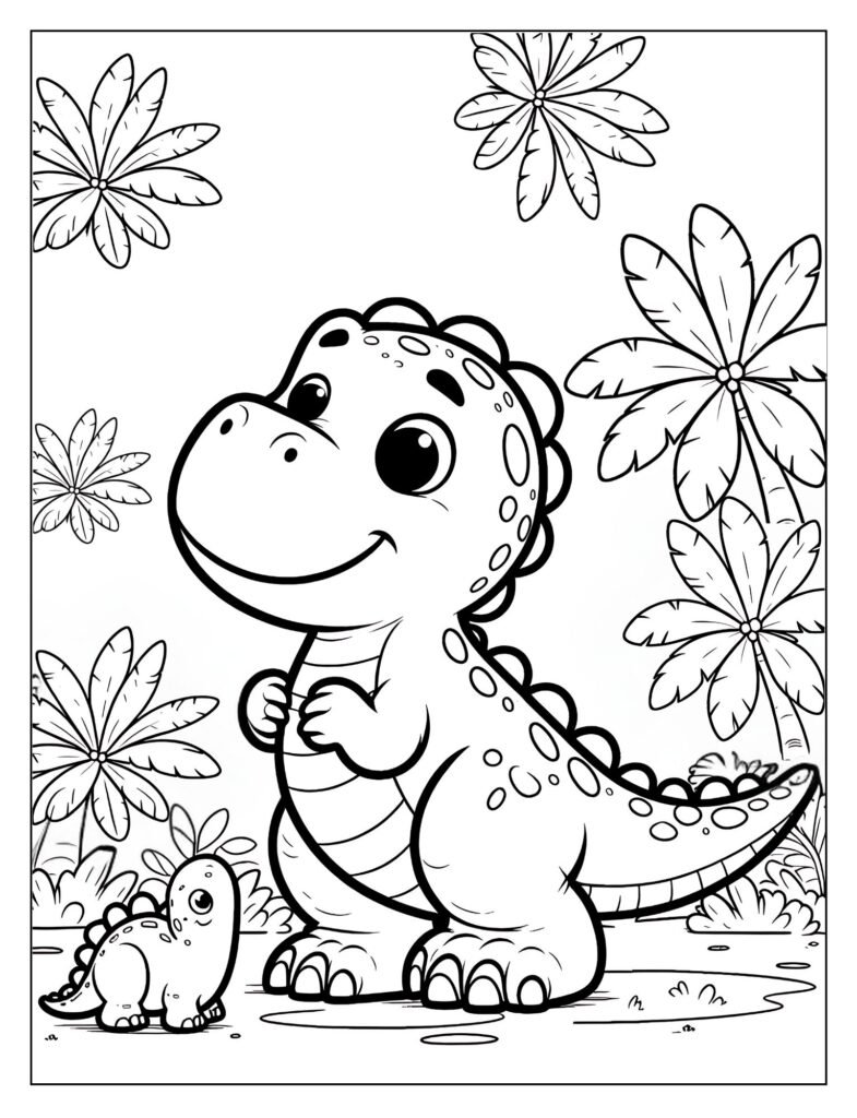 A dinosaur roaming through a lush prehistoric jungle.