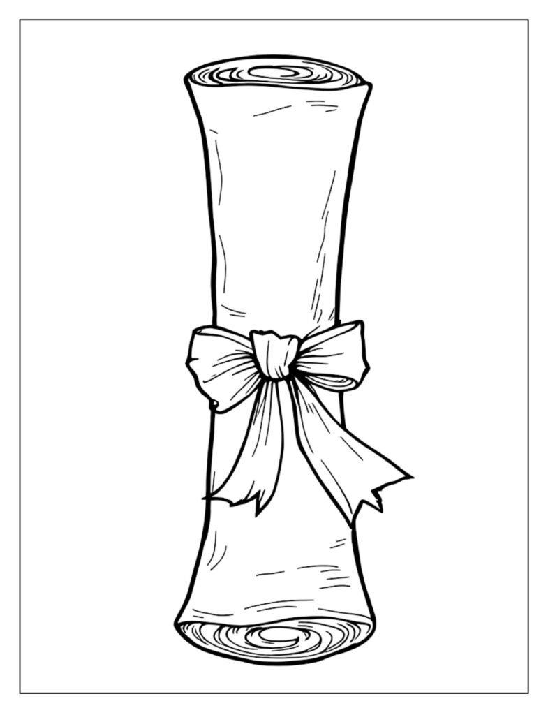 A line art drawing of a rolled-up diploma tied with a ribbon, ready for coloring.