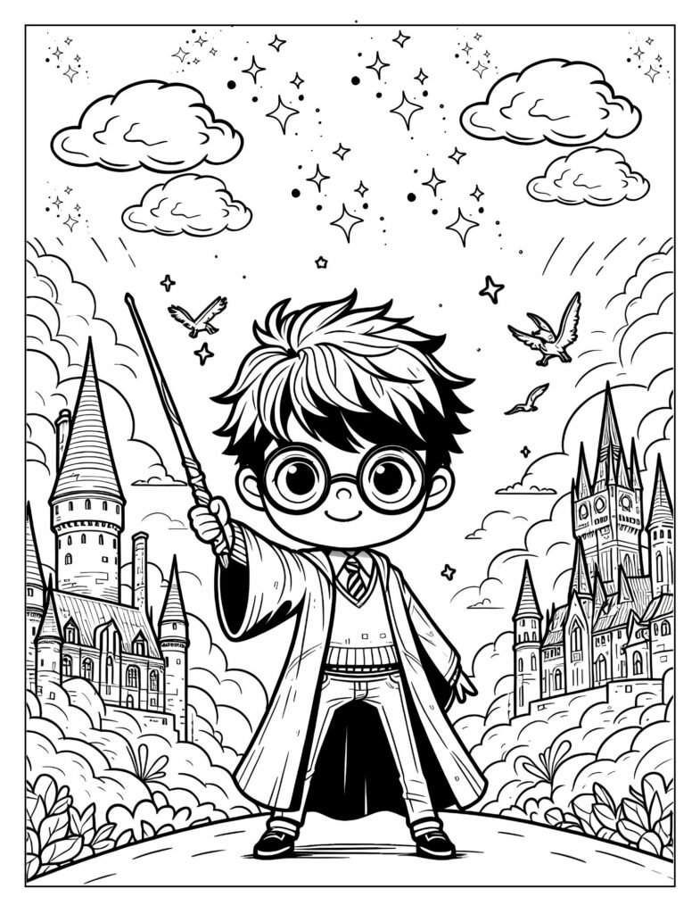 A line art illustration of the Hogwarts castle, with intricate details, ready for coloring.