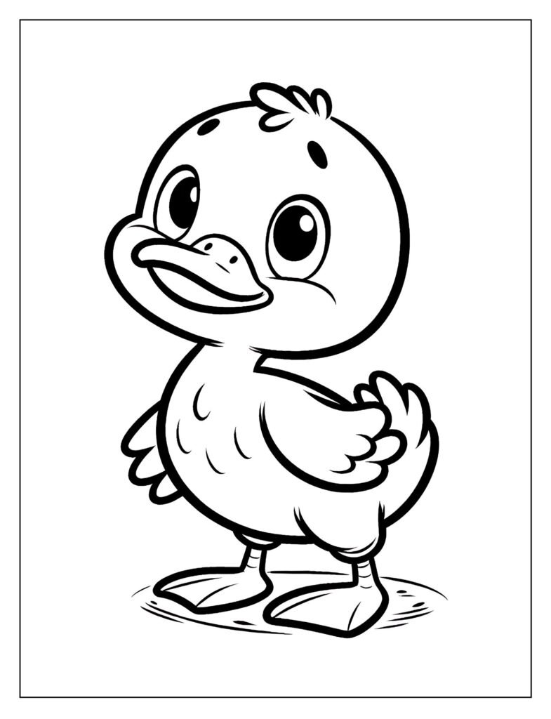 An outline illustration capturing a duck in the process of diving underwater or just surfacing, showing curiosity, designed for coloring.