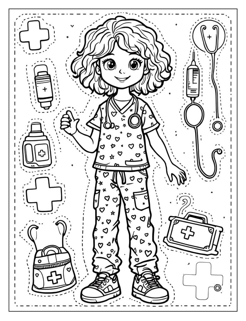 A paper doll dressed as a doctor with a stethoscope.