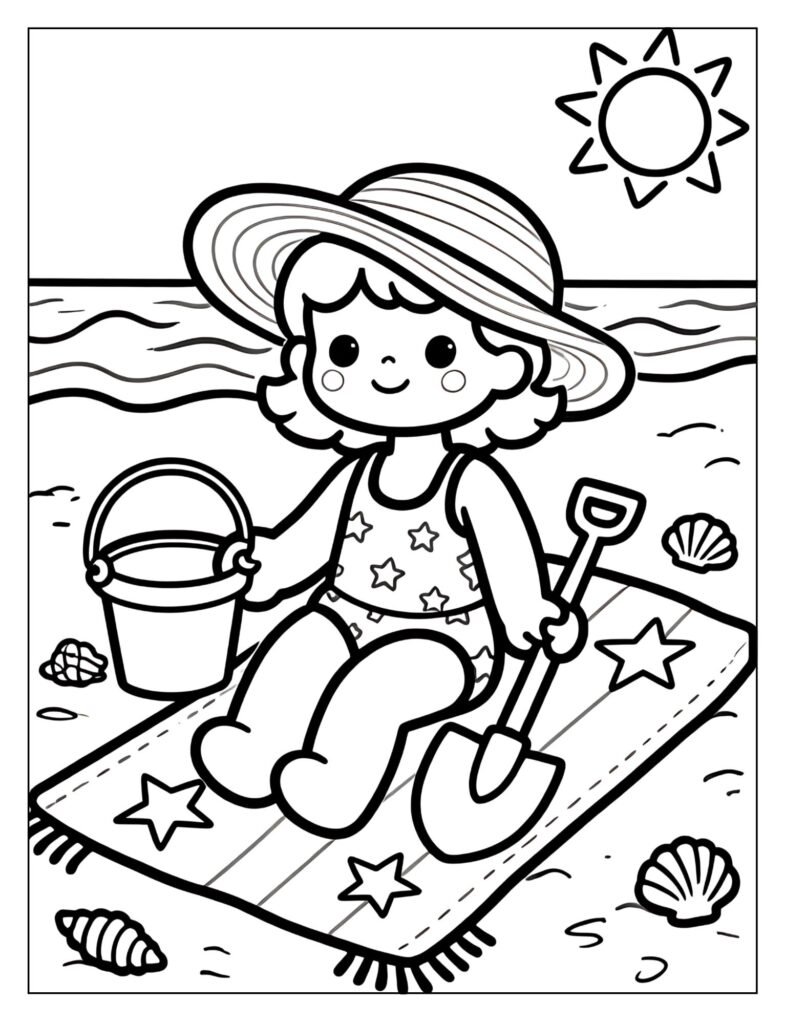 A doll in a swimsuit and sun hat at the beach.
