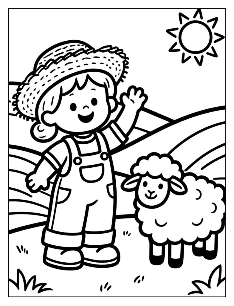 A doll in overalls standing next to a farm animal.