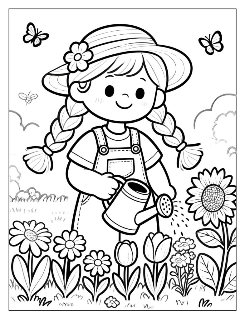 A doll watering flowers in a garden.

