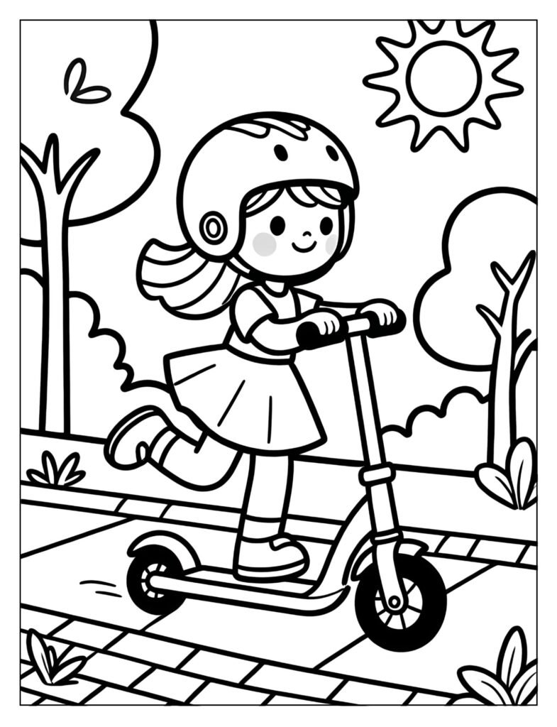 A doll riding a scooter with a helmet.