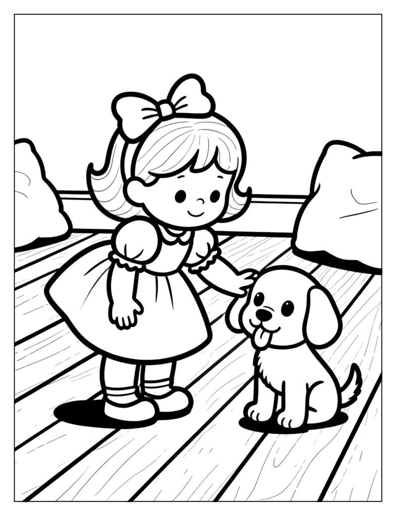  A doll petting a friendly puppy.
