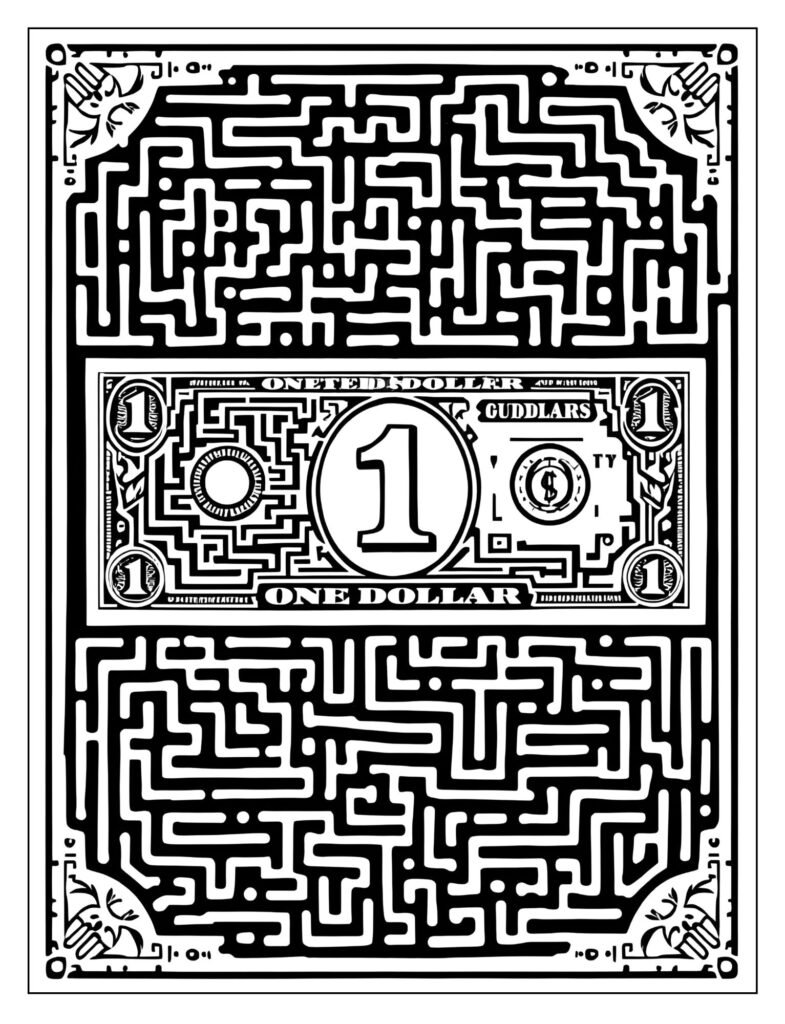 Simplified outline of a $1 bill where the border and design elements have been converted into the walls of a simple maze.
