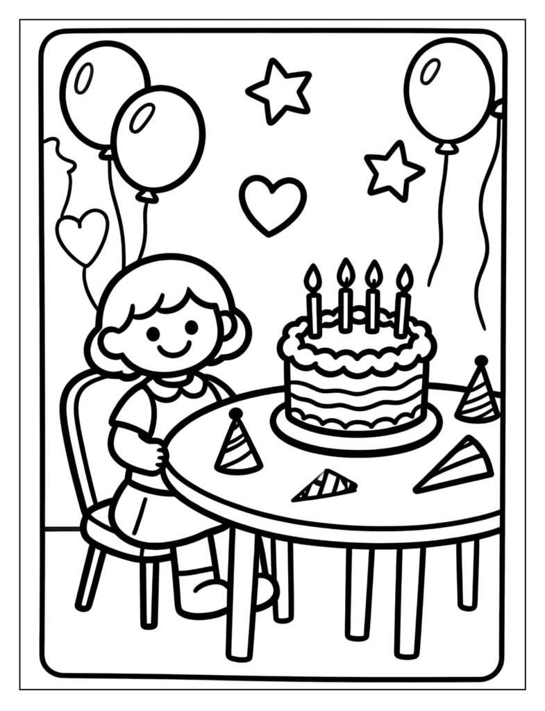 A doll sitting at a table with a birthday cake and balloons.