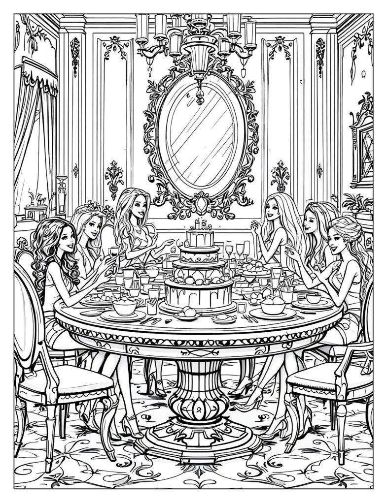 Barbie hosting dinner party in Dreamhouse dining room coloring page


