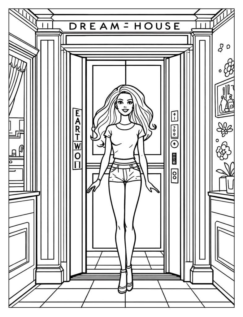 Barbie riding pink Dreamhouse elevator coloring page
