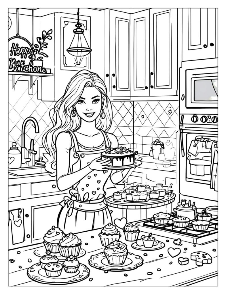 Barbie baking in Dreamhouse kitchen coloring page