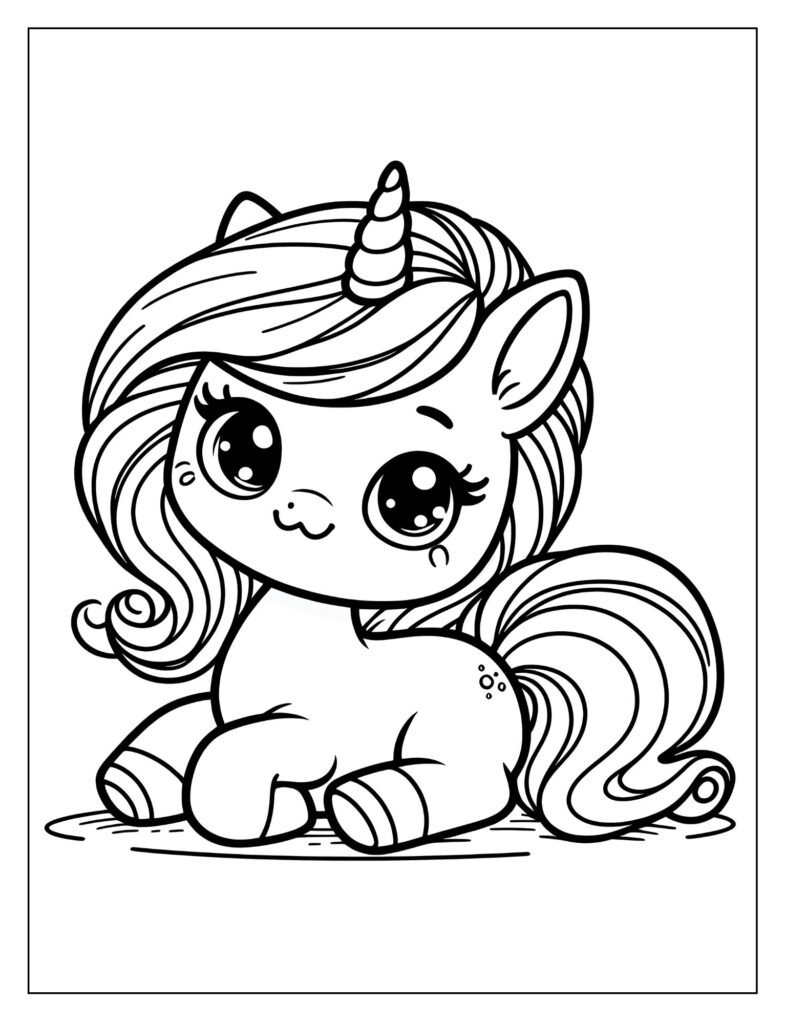 A black and white outline drawing of a baby unicorn frolicking in a dreamy landscape, perhaps with clouds or soft shapes, ready for coloring.