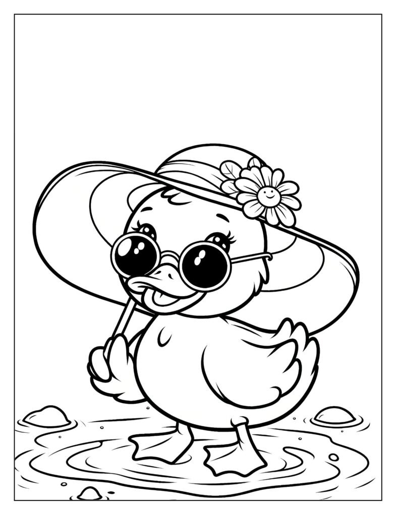 A line art drawing of a duck in a serene or contemplative pose, perhaps looking at the sky or floating peacefully, designed for coloring.