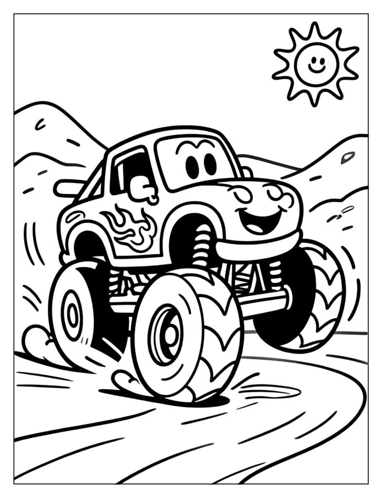 A cartoon monster truck drifting with giant tires.