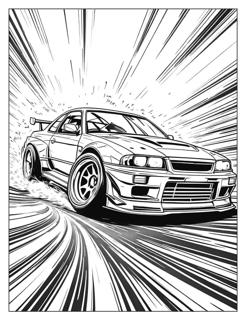  Low-profile RC drift car shown in a dramatic sliding position with lines suggesting a fast, controlled drift motion.
