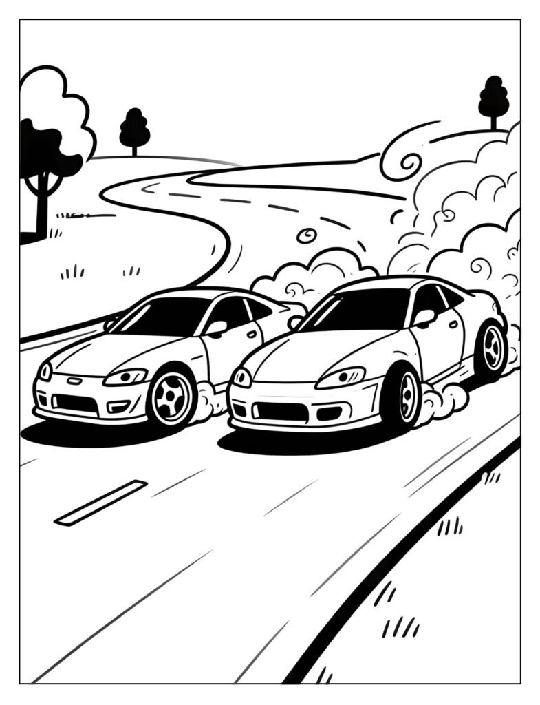 Two cars performing a side-by-side tandem drift.