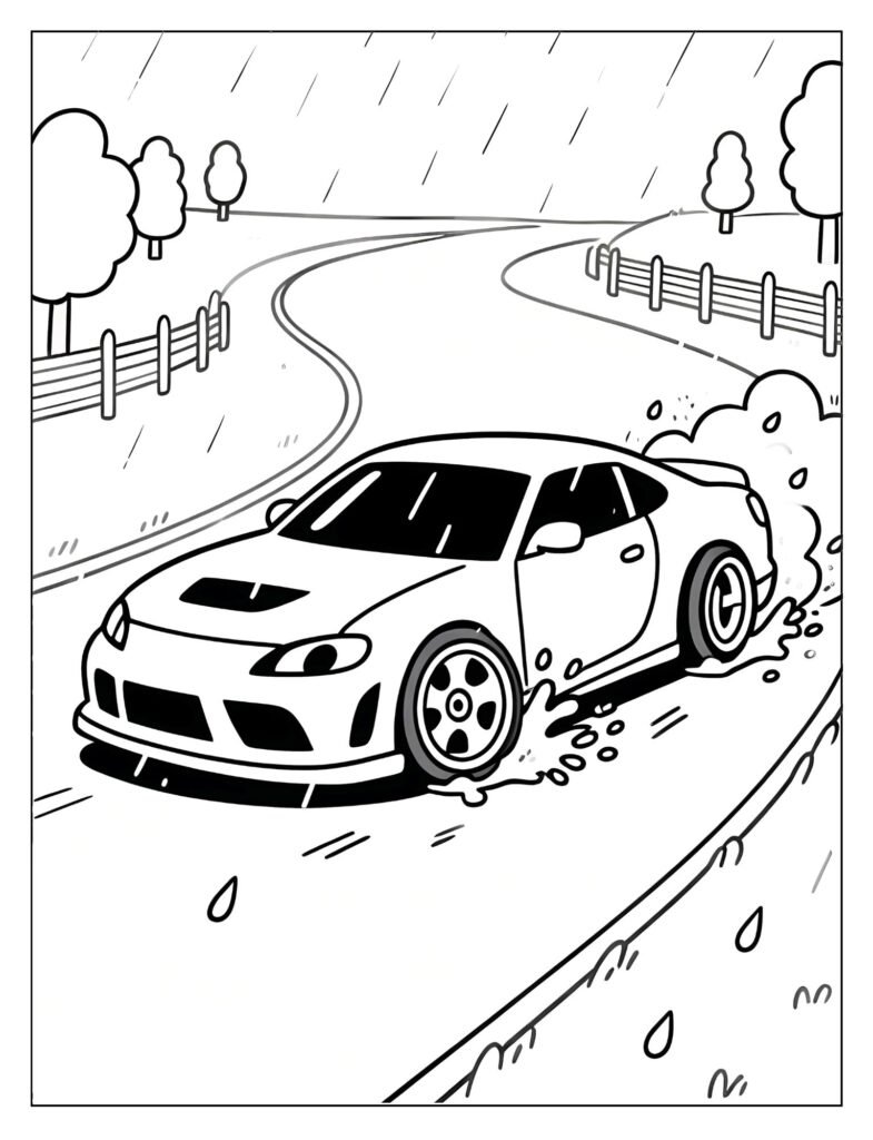 A car drifting on a wet track with a trail of water and mist.
