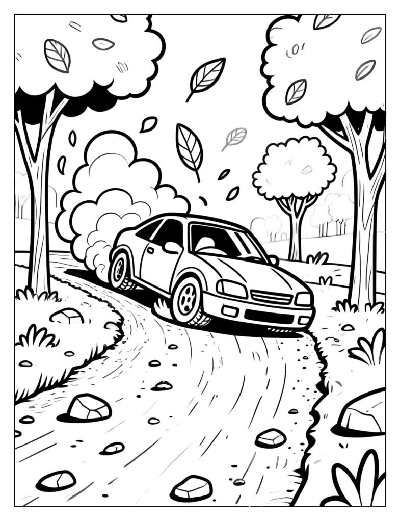  A car drifting on a dirt road with trees and leaves.
