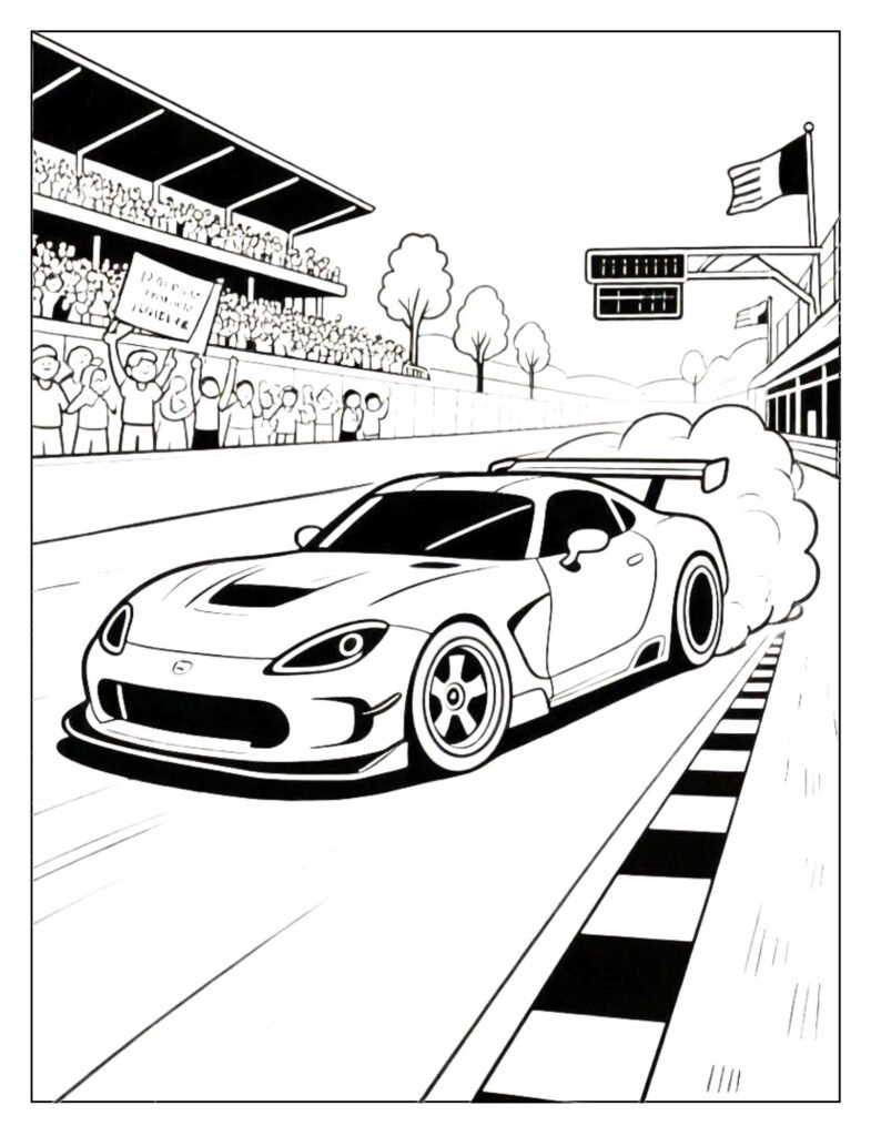 A car drifting on a race track with grandstands.