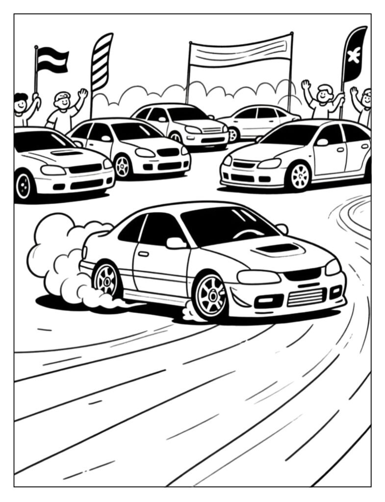 A car drifting with other cars parked in the background.