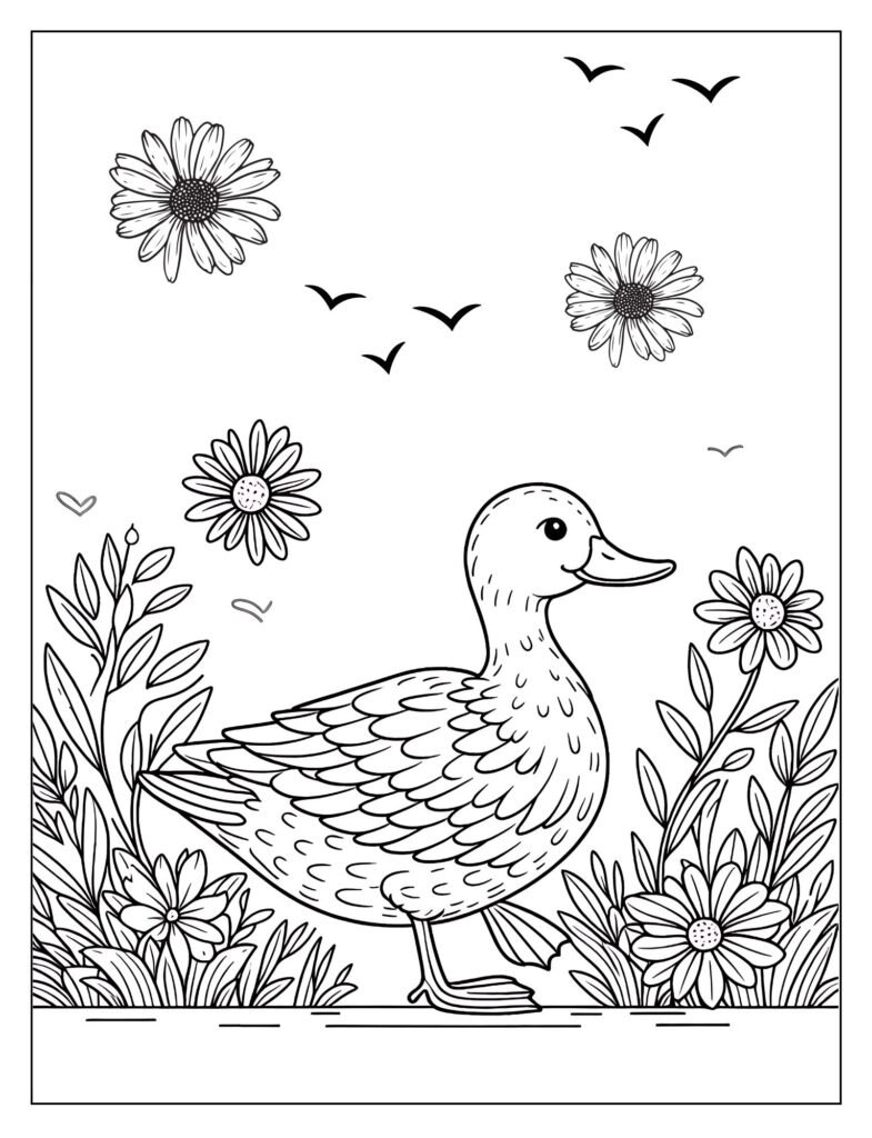 An outline illustration showing a duck waddling around a farm setting, possibly near a barn or other farm animals, ready for coloring.