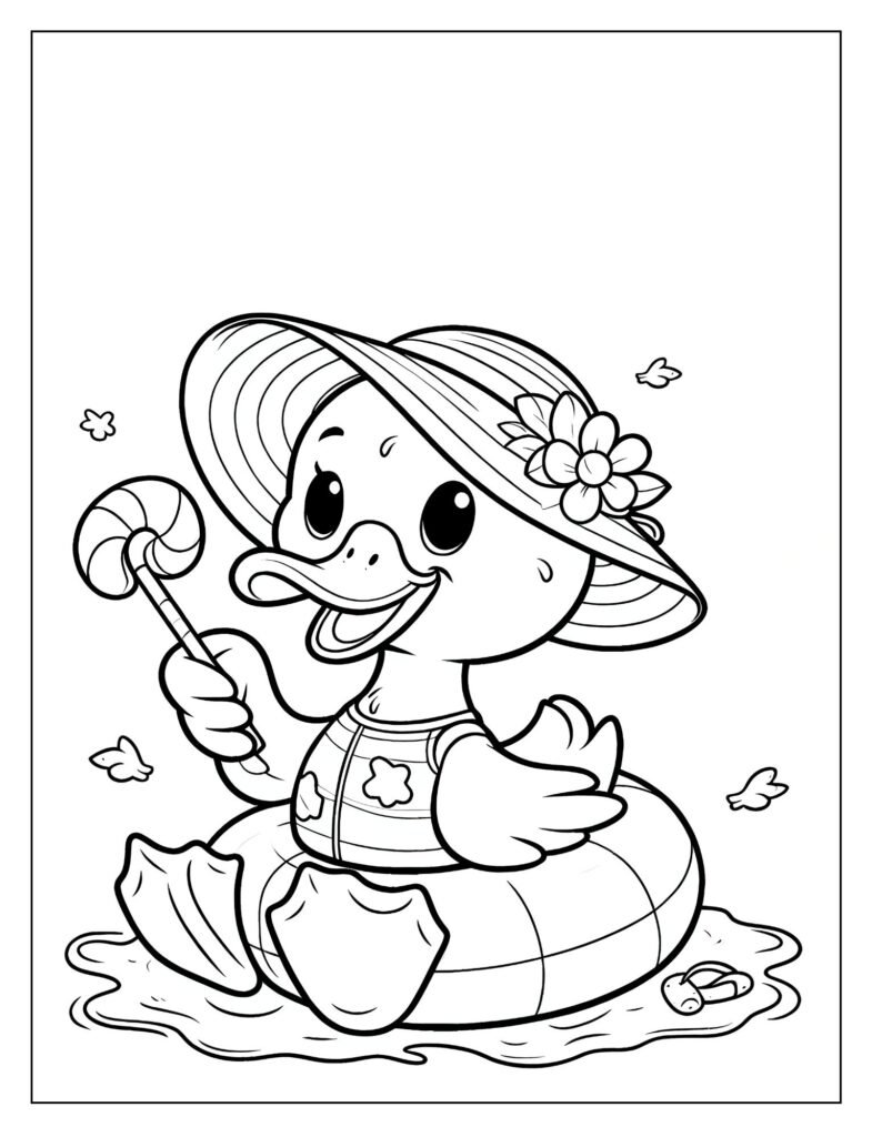 A black and white illustration of a duck playfully bathing in a puddle or a small tub, with suds or splashes, designed for coloring.