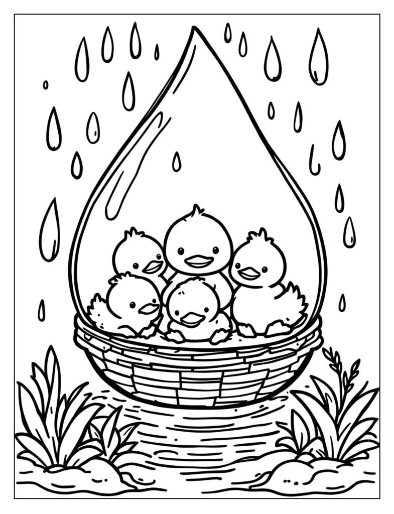 Five simple, round duckling characters drawn inside a large, cheerful raindrop shape.