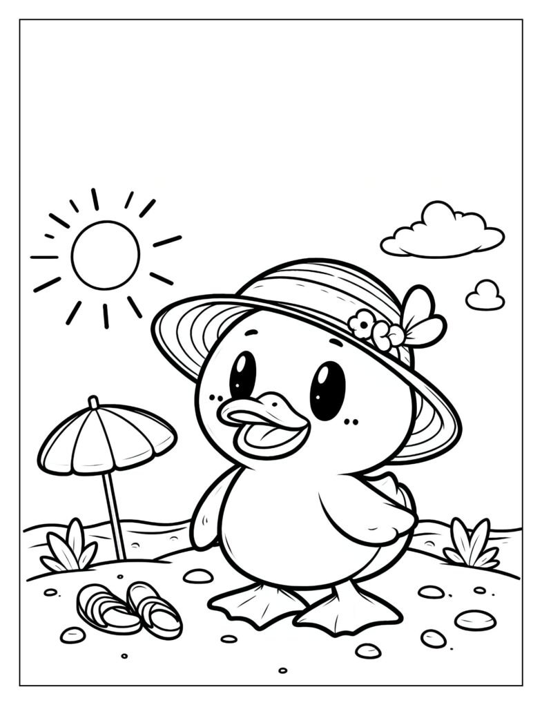 An outline drawing of a duck enjoying a large swim, perhaps in an open body of water, ready for coloring.
