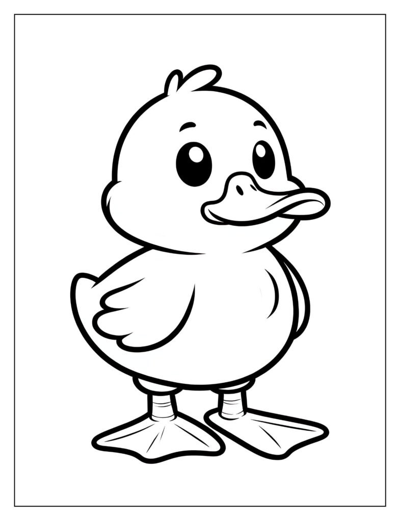 A line art drawing of a duck at dawn, perhaps with subtle sun rays or morning dew, ready for coloring.
