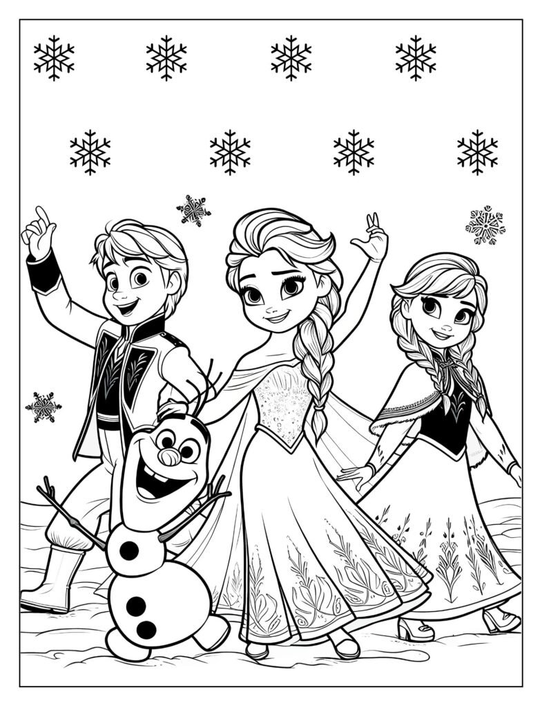 A line art drawing of Elsa from Frozen, inviting kids to use their colors to animate her magical world, perfect for coloring.