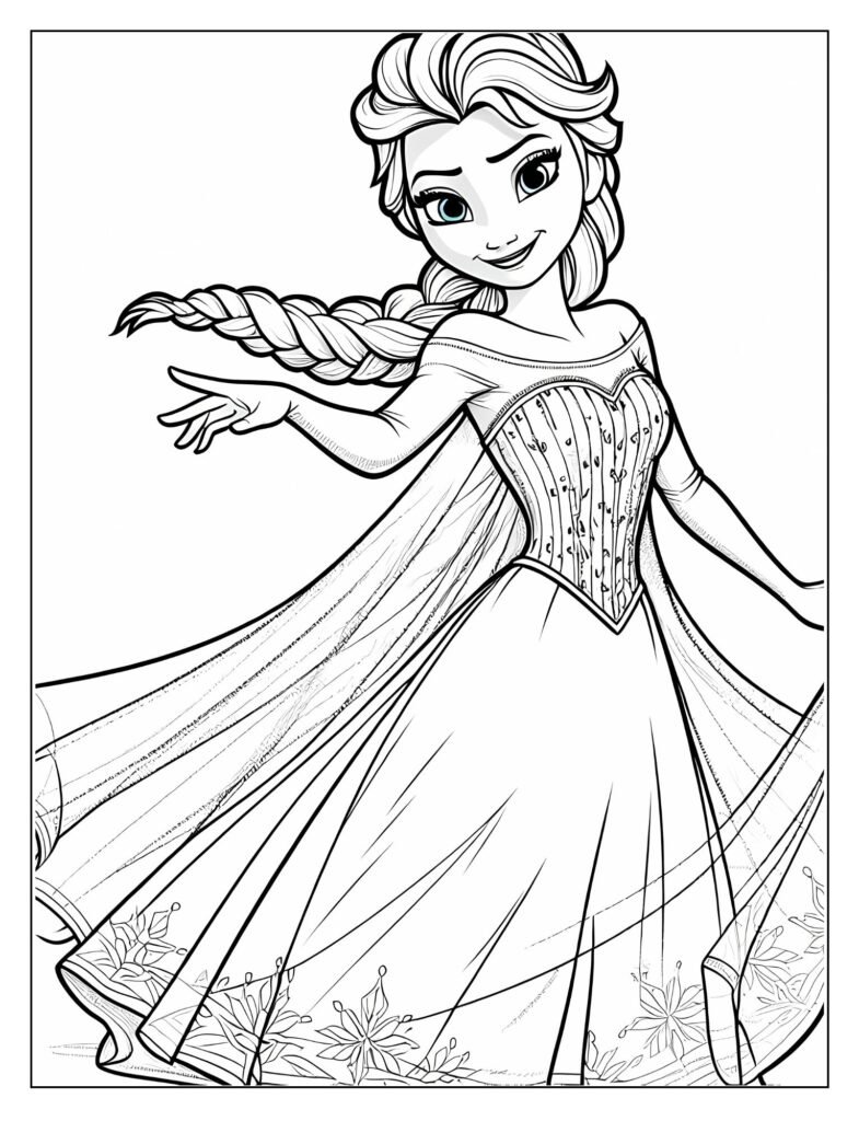  A line art illustration featuring Elsa from Frozen, with her hands extended, showing her creating beautiful ice and snow magic, perfect for coloring.