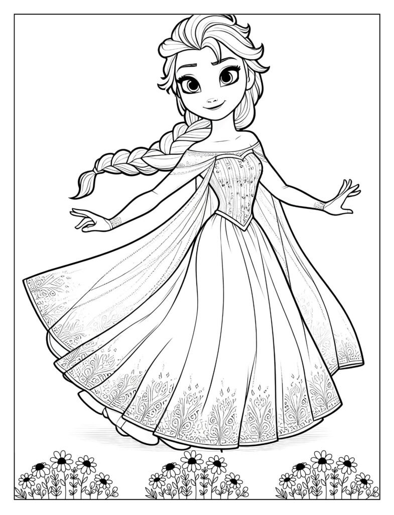 An outline illustration of Elsa from Frozen in a moment of realization or surprise as she discovers her ice powers, ready for coloring.