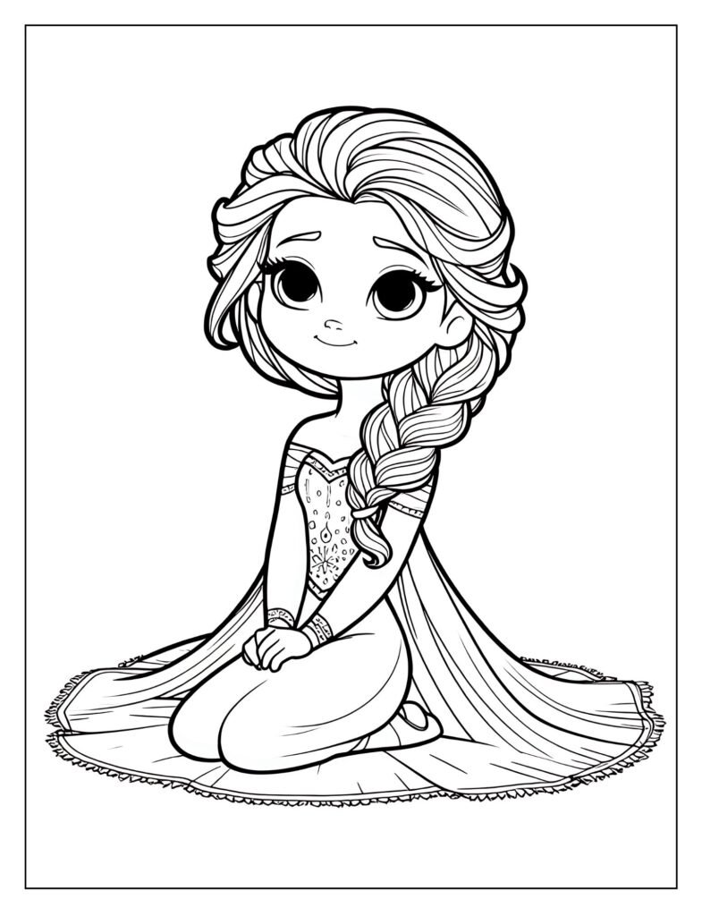 An outline drawing of Elsa from Frozen performing elegant ice spells, with swirling magical effects, ready for coloring.