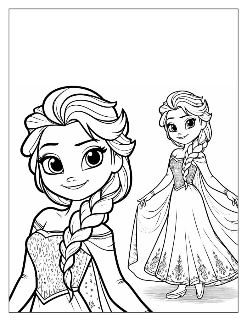 A black and white illustration highlighting Elsa from Frozen's serene and frosty beauty, perhaps with delicate snowflakes around her, ready for coloring.