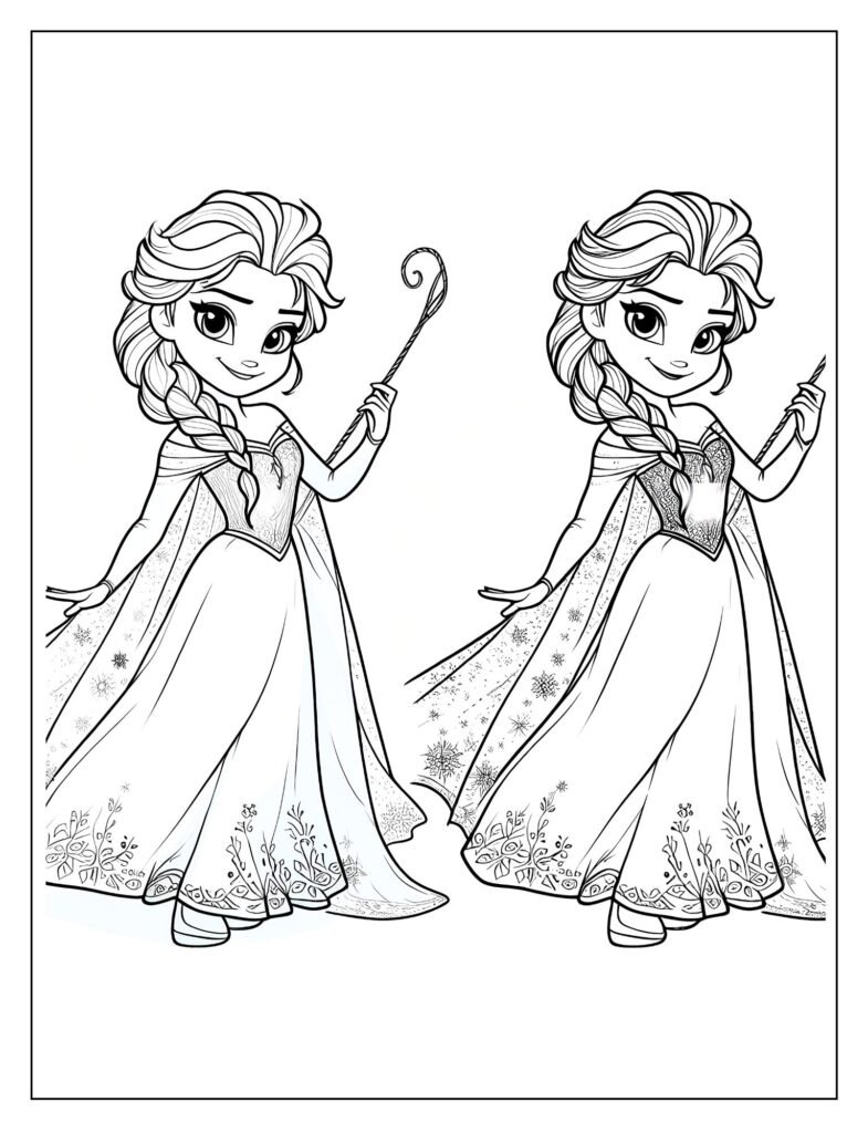 An outline drawing of Elsa from Frozen, in the process of constructing her shimmering ice palace, surrounded by ice formations, ready to be colored.