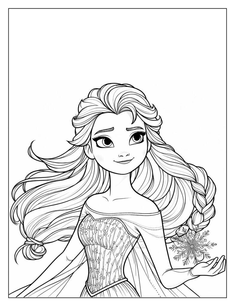 A line art illustration of Elsa from Frozen in a thoughtful or reflective pose, perhaps looking out over a snowy landscape, perfect for coloring.