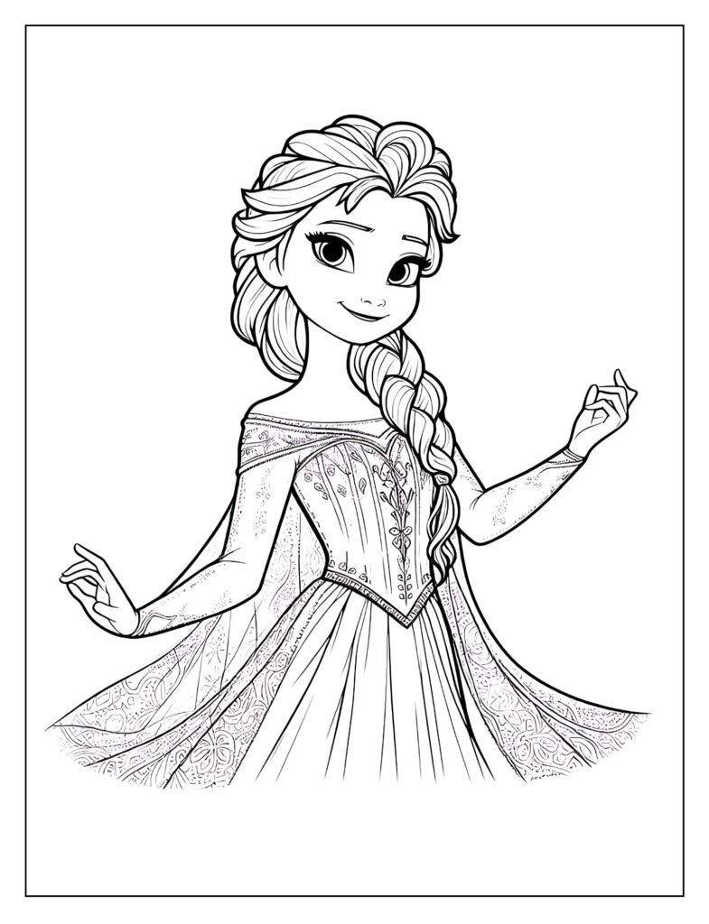 A black and white outline drawing of Elsa from Disney's Frozen, depicted as the majestic Queen of Ice in her iconic gown, ready for kids to color.