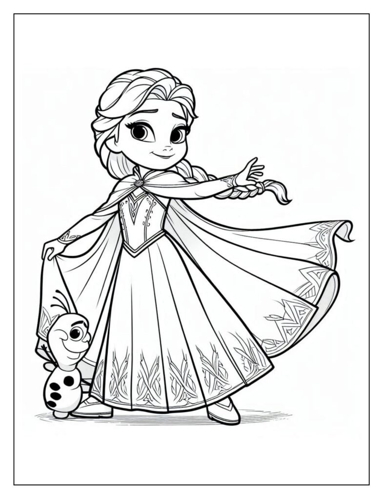 A black and white illustration featuring Elsa from Frozen within a beautiful, sparkling winter landscape, ready for coloring.