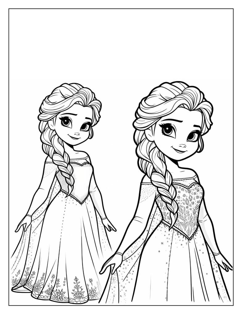 A line art drawing of Elsa from Frozen surrounded by a cascade of detailed, shimmering snowflakes, ready for coloring.