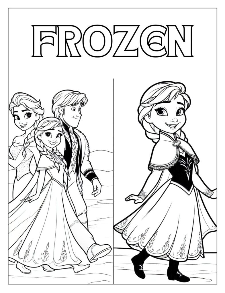 An outline illustration of Elsa from Frozen alongside Anna or other beloved characters, showcasing their bond and unity, ready for coloring.