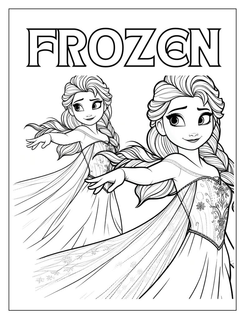 A black and white illustration of Elsa from Frozen, embodying the essence of winter, perhaps with a gentle snowy backdrop, ready for coloring.