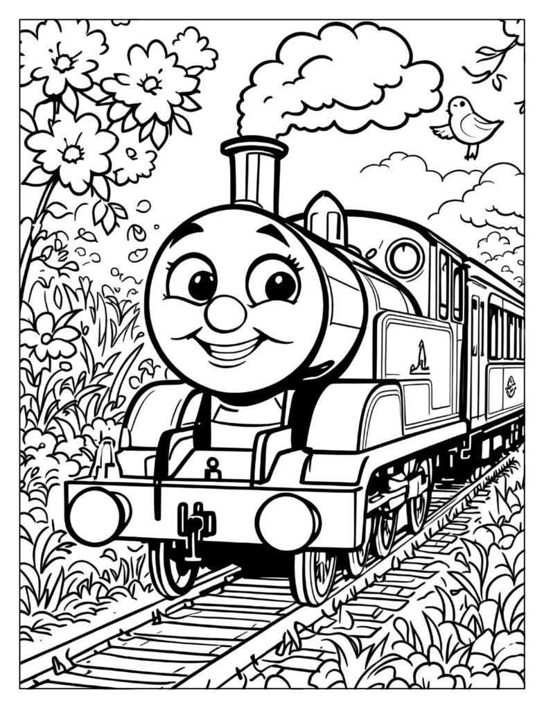 Emily the green engine pulling her coaches coloring page