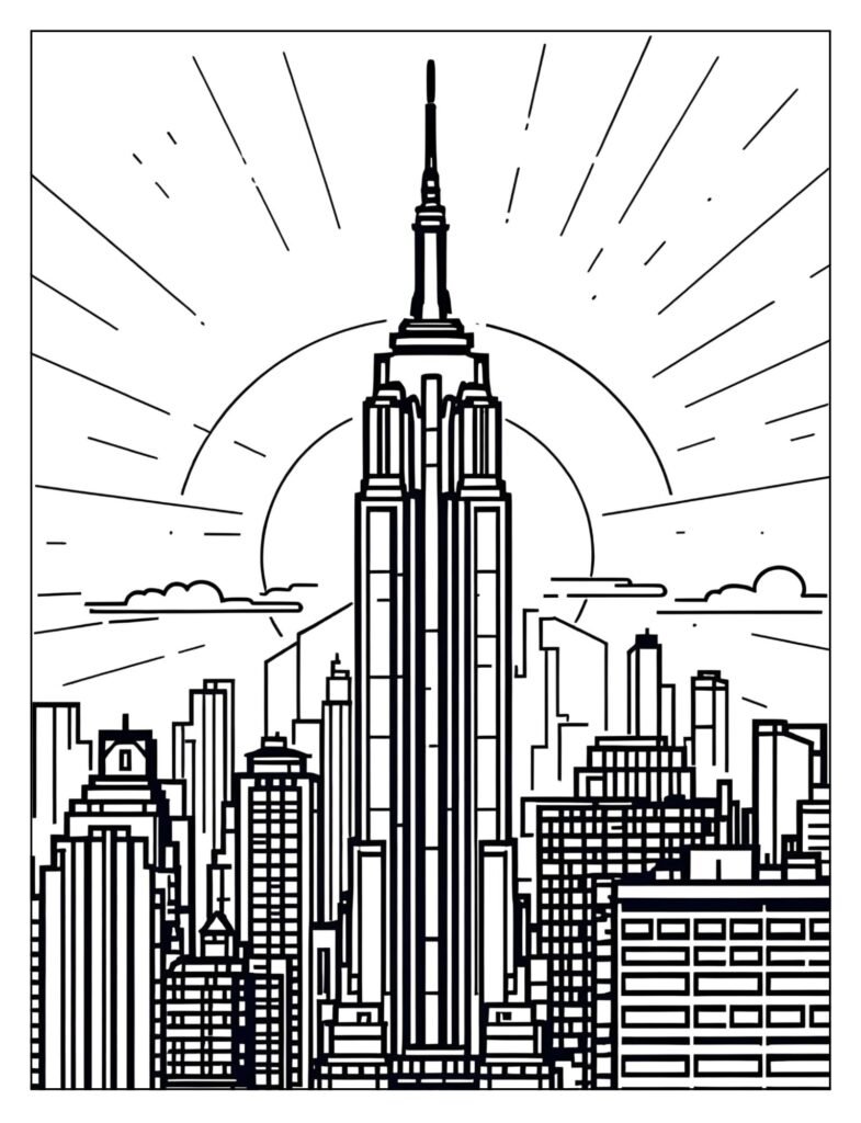 Simple, clean silhouette outline of the Empire State Building and surrounding skyscrapers against a setting sun.