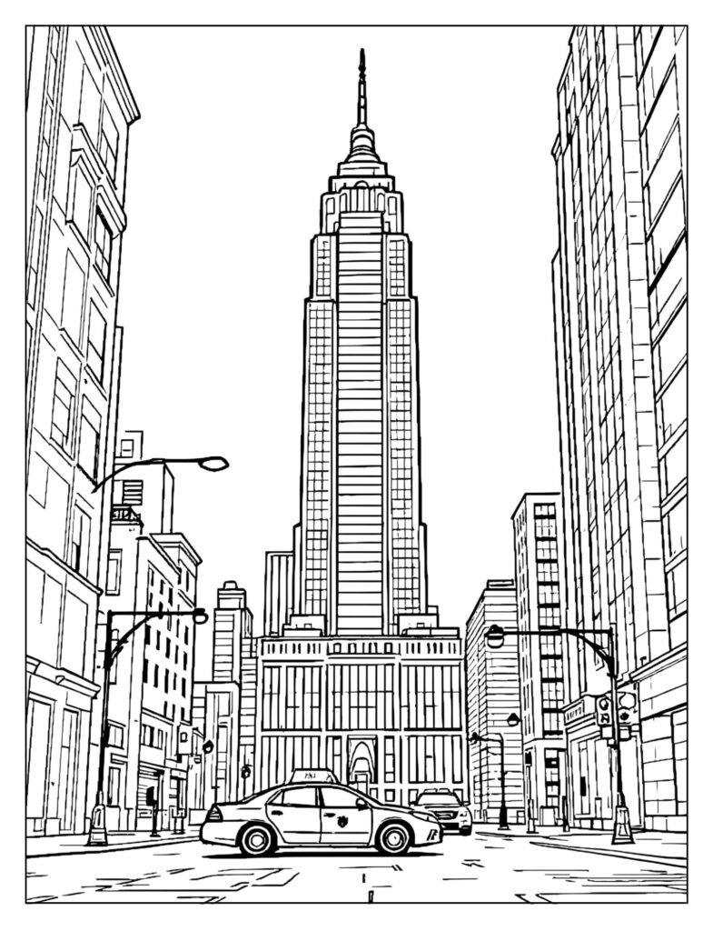 View of the Empire State Building towering above a classic New York yellow taxi driving past on the street below.