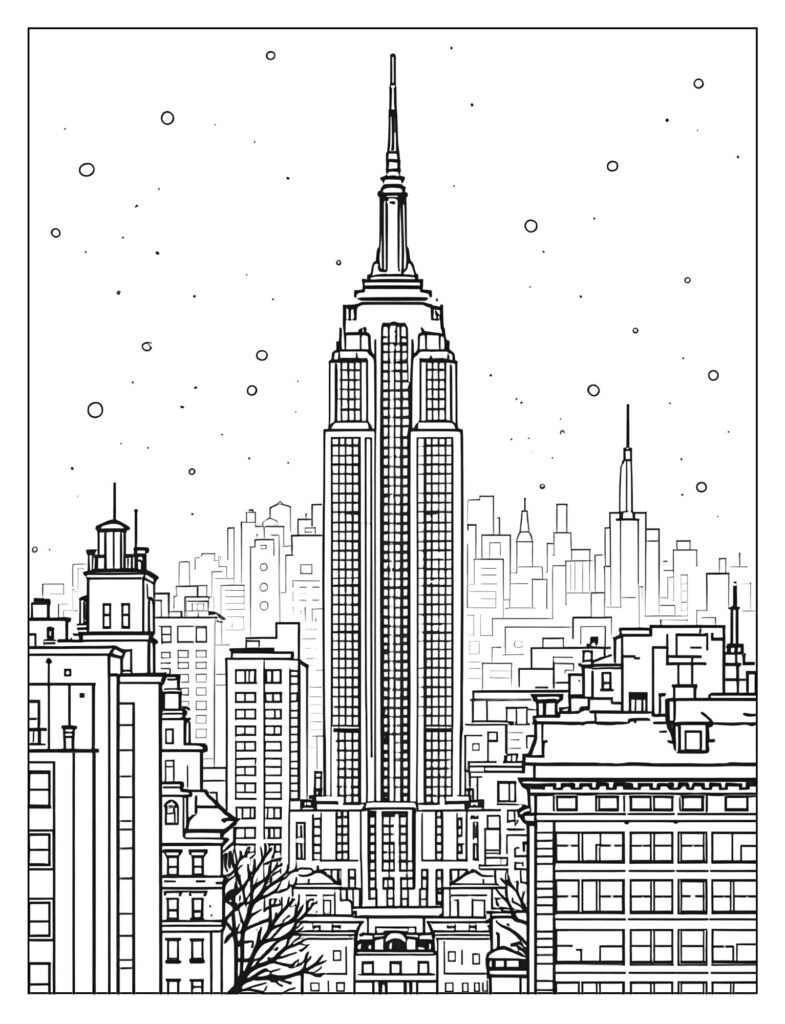 The Empire State Building on a calm, snowy day, with a soft layer of snow covering the surrounding rooftops.