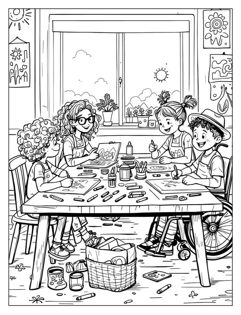 Diverse students with different abilities playing and drawing together.