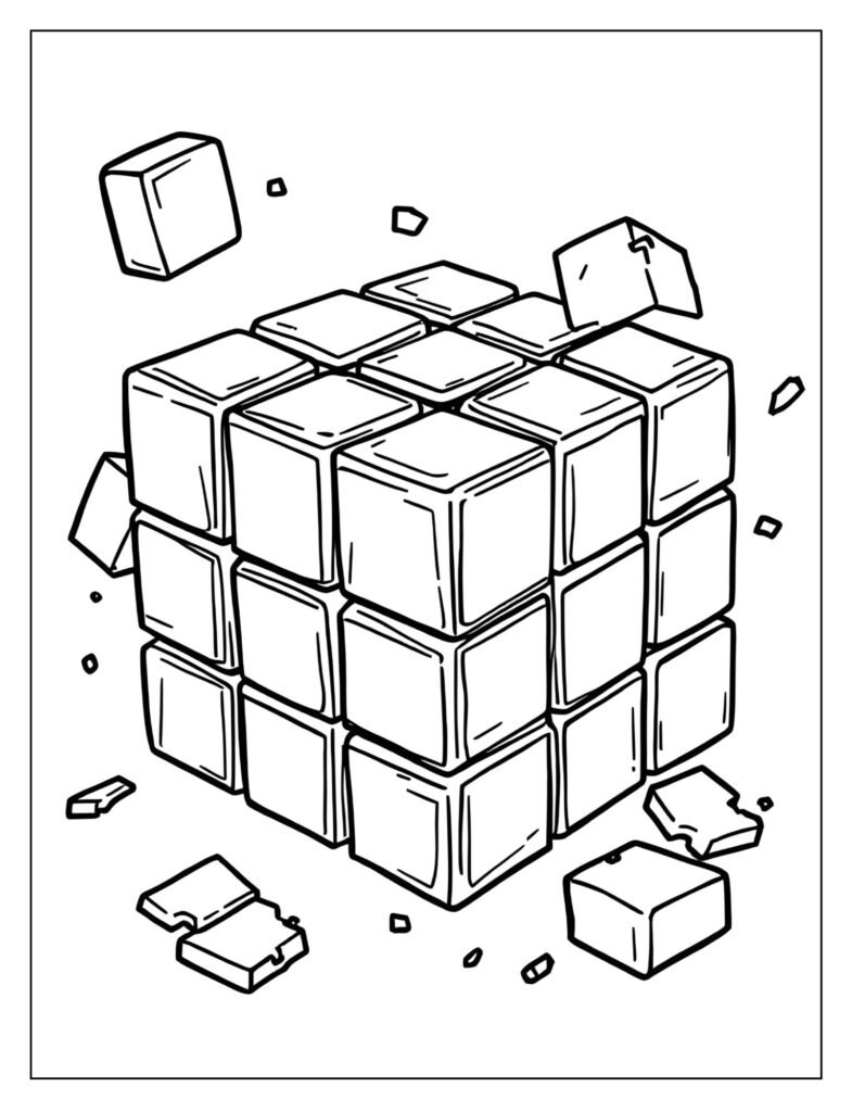 Drawing of a 3x3x3 Rubik's Cube partially exploded, with all the center, edge, and corner pieces separated slightly.