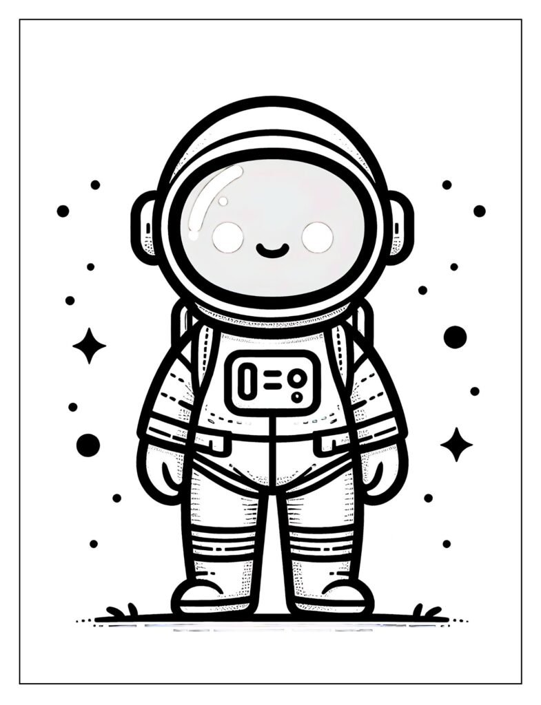A black and white outline drawing depicting a spaceship or an astronaut exploring the vastness of outer space, with planets and stars in the background, ready for coloring.
