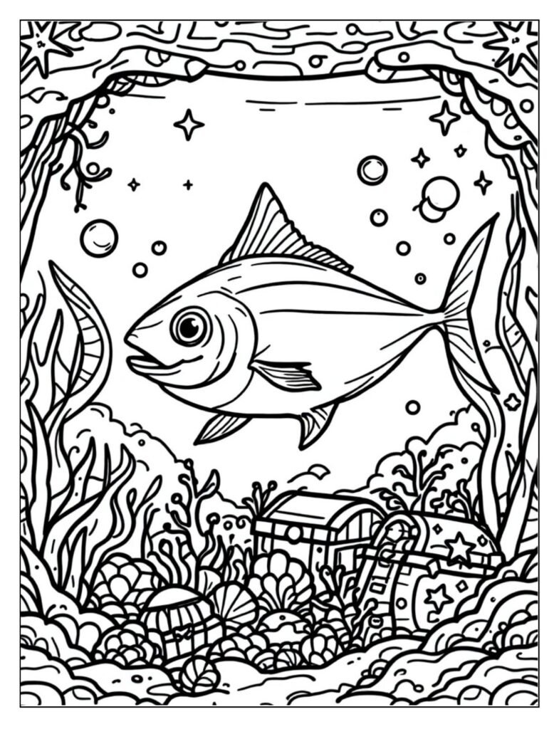 Broad scenic line art of a Tuna exploring the ocean, with various background elements like kelp or distant islands.